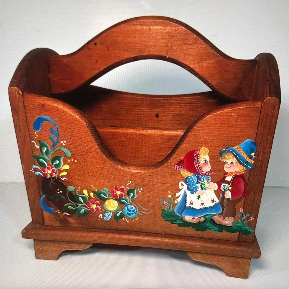 Folk Art Hand-Painted Wooden Carry Caddy with Children Motif